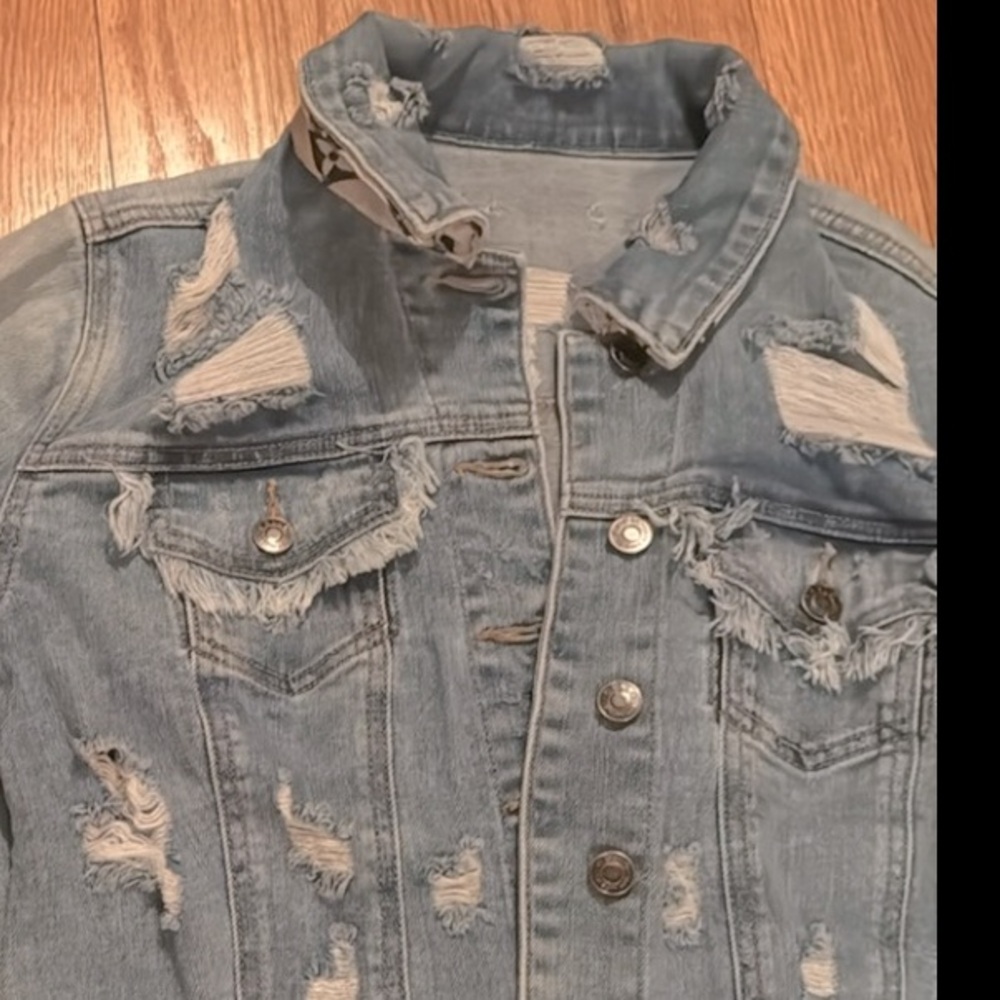 NWT heavily distressed denim jacket w/ Louis Vuitton tan and black scarf print. - Picture 6 of 10